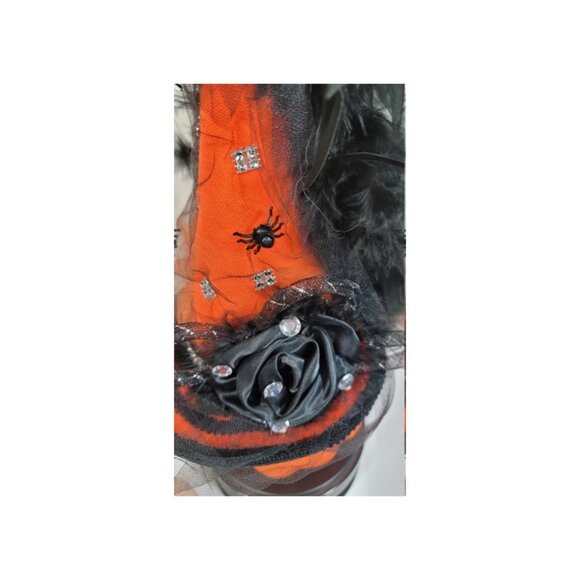 Fancy Witch Hat Fascinator - Orange Hat w/Tulle & Black Feathers - Halloween Hat - Picture 8 of 14